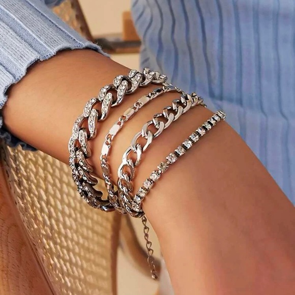 Silver Chunky Bracelet Set with Rhinestones - Picture 3 of 11